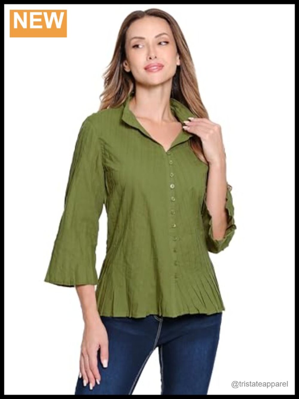 Women's Pleated Button Front Blouse 3/4 Sleeves 100% Cotton